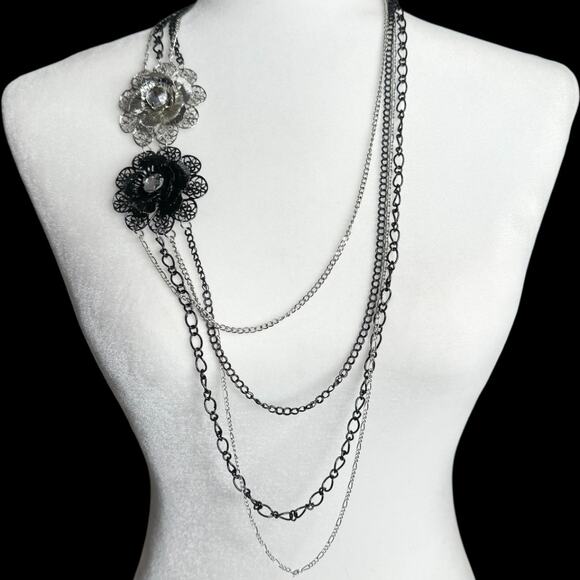Silver Tone Black Metal Rose Layered Art Deco Goth Statement Necklace - Picture 1 of 5